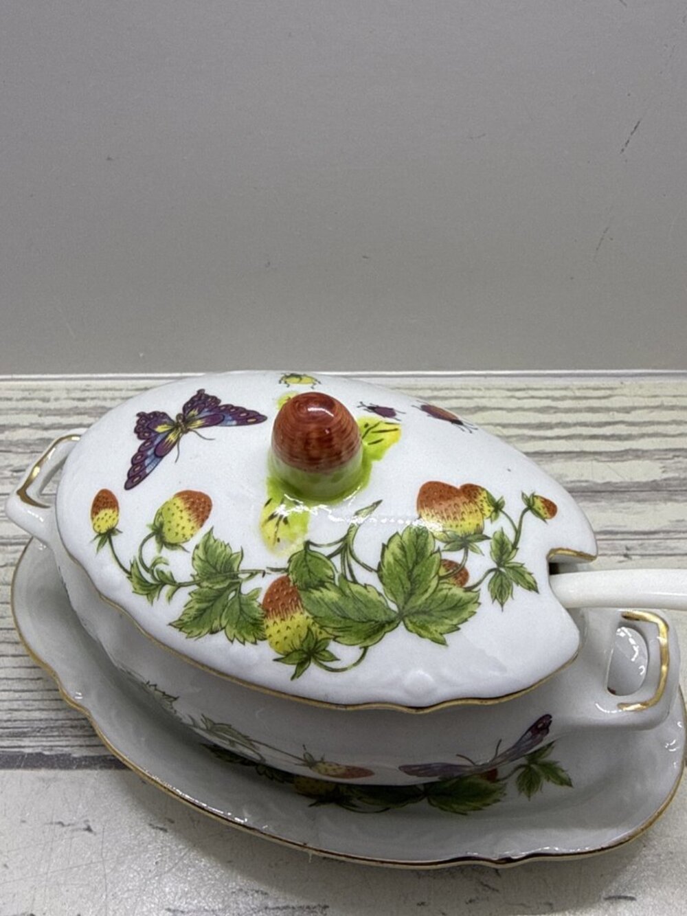 Vintage Japan Spring Time Personal Gravy /Jelly Boat / Butterflies Strawberries